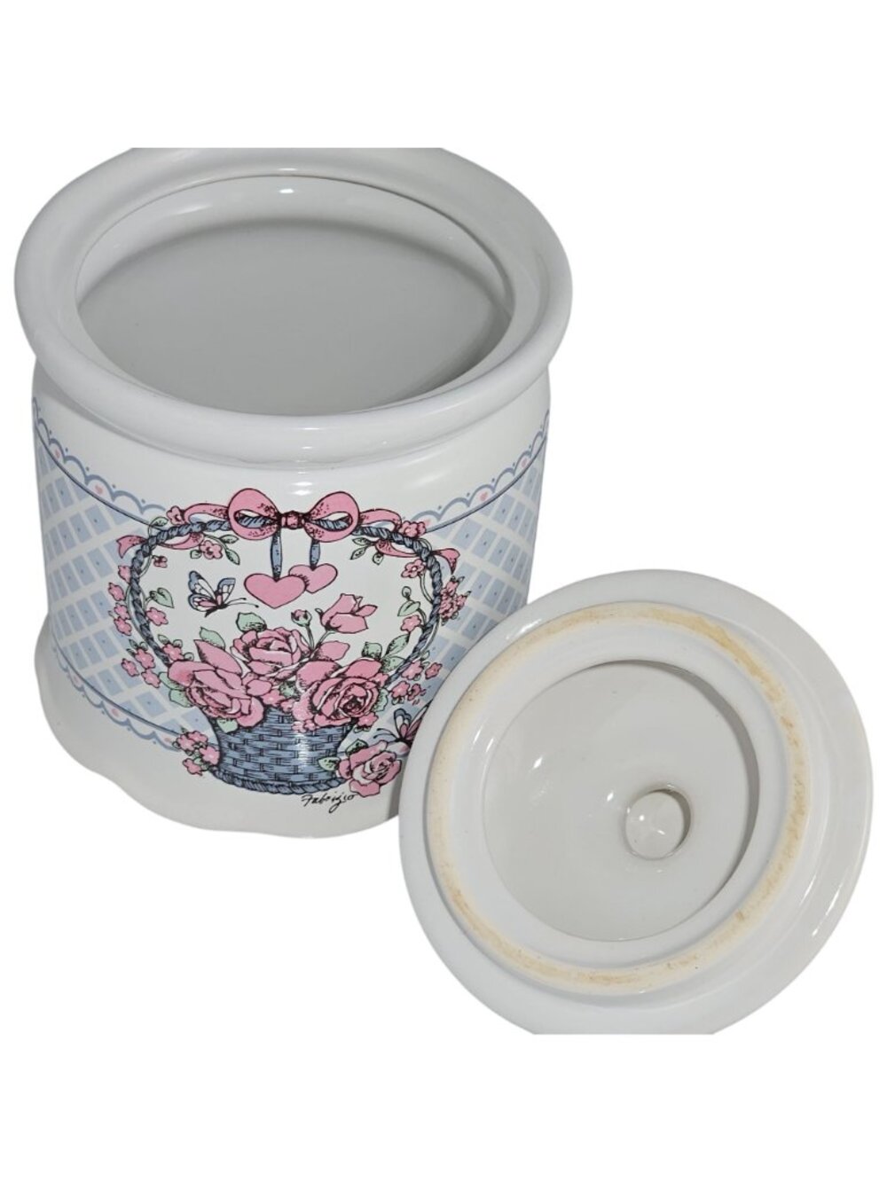 1980s Large Canister 7.5" Veranda Hearts Roses Basket Cottagecore vtg kitchen - Picture 8 of 12